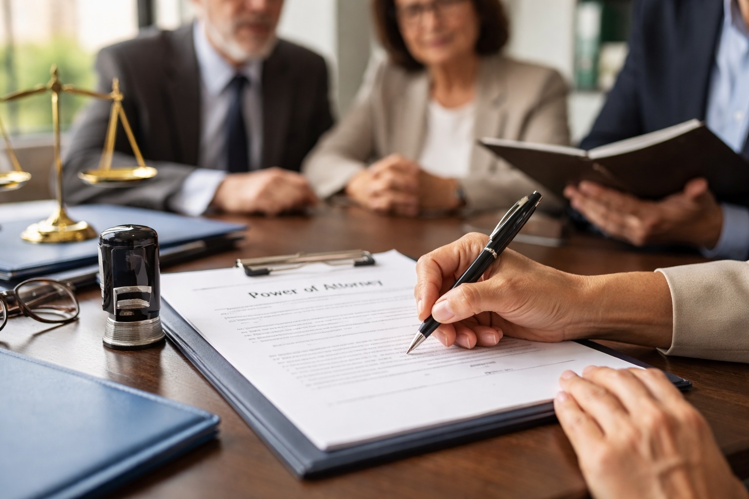 A close-up of a person signing a Power of Attorney document in a professional office, with a notary stamp, glasses, and a golden scale on the table. Three professionals are blurred in the background.