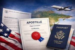 Social Security letter, Apostille certificate, U.S. passport, and world map with an airplane, symbolizing international certification.