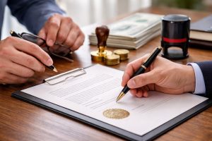 Two people signing a document at a notary session, with a brass seal, stamp, and coins on the desk.
