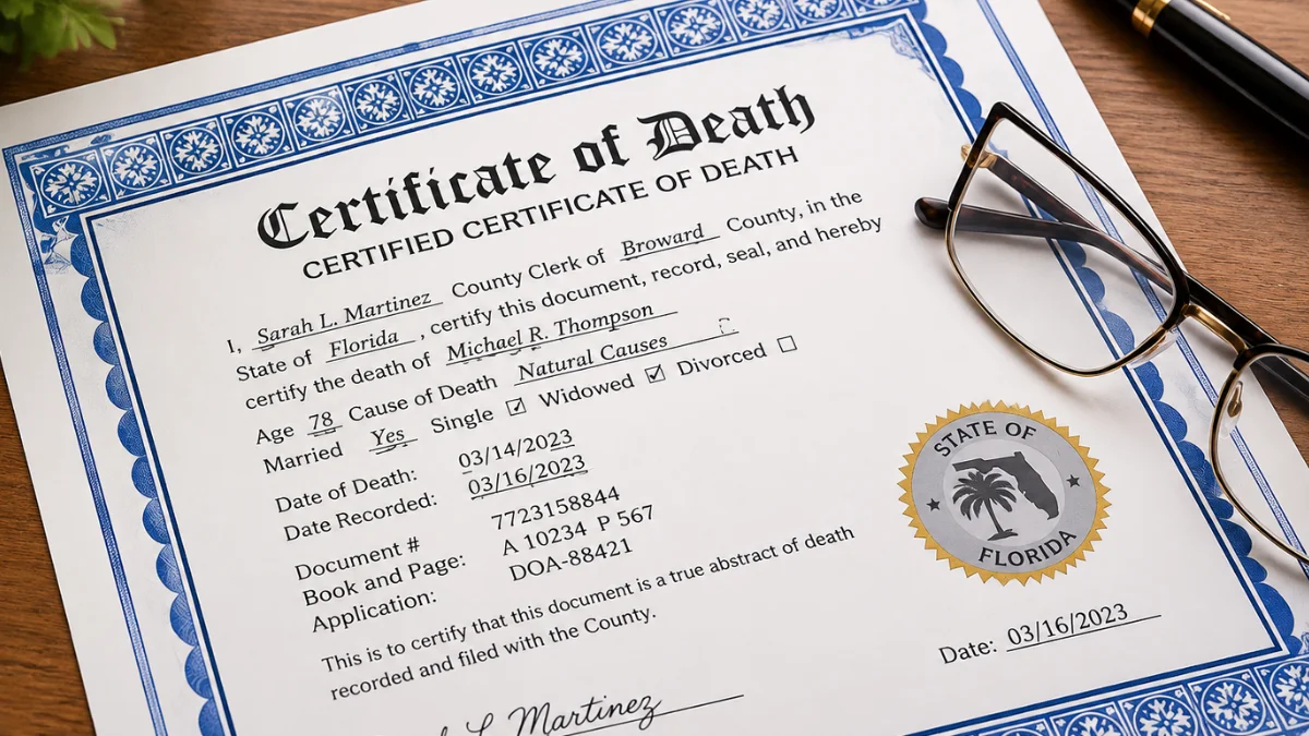 Florida apostille death certificate document with state seal