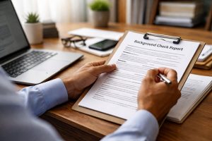 Hands reviewing a background check report on a desk, no faces shown