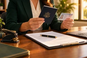 A professional reviewing a passport and driver's license at a desk while completing an employment Form I-9